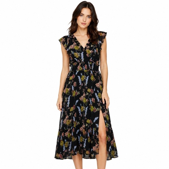PAIGE Dresses & Skirts - PAIGE Katharina Sleeveless Silk Chiffon Midi Dress Black‎ Floral Smocked Waist S